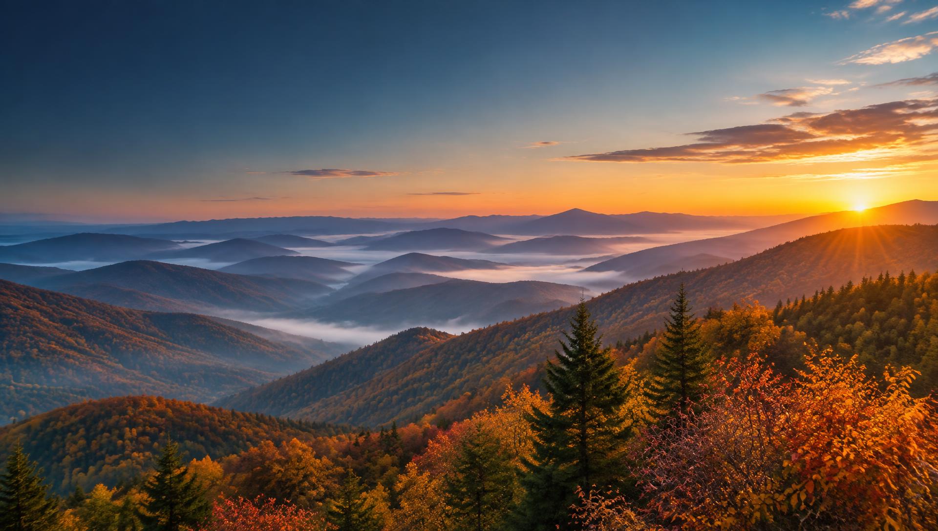 Sunrise over the misty ridgelines of the Blue Ridge Mountains in North Carolina